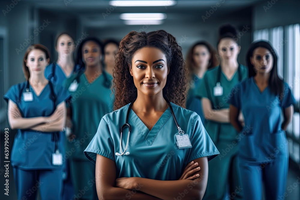 Diverse medical team poses in hospital hallway, spotlight on African nurse with crossed arms. Photo generative AI Diverse medical team poses in hospital hallway, spotlight on African nurse with crossed arms. Photo generative AI