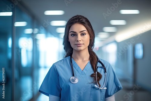 Medical student in scrubs looking away. Photo generative AI