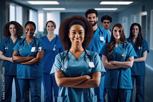 Diverse medical team poses in hospital hallway, spotlight on African nurse with crossed arms. Photo generative AI