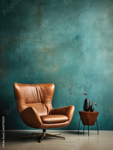 Beige leather armchair near dark turquoise venetian plaster wall