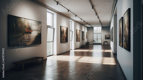 An art gallery with beautiful paintings displayed on minimalist white walls.