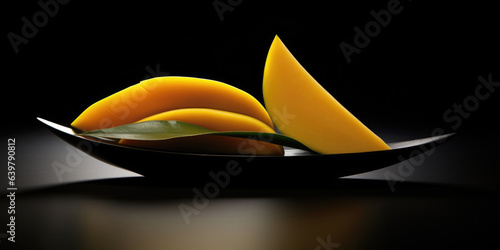 Sliced mango fruit pieces on a black background