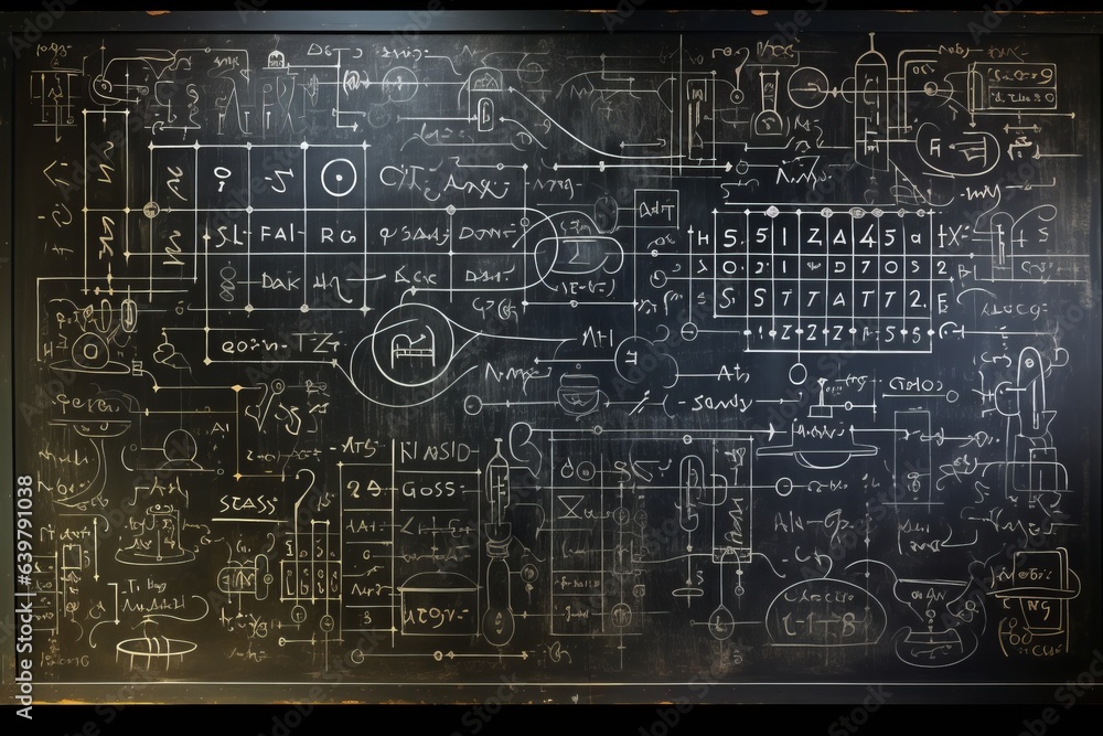 Black chalkboard inscribed with scientific formulas. Abstract, Desk, back to school theme Black chalkboard inscribed with scientific formulas. Abstract, Desk, back to school theme
