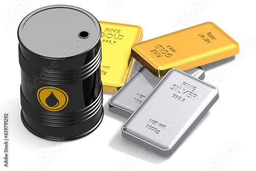 Gold silver and oil barrel isolated