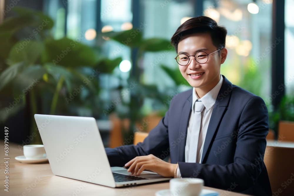 Young smiling asian business man employee or student sitting at the desk with laptop Young smiling asian business man employee or student sitting at the desk with laptop