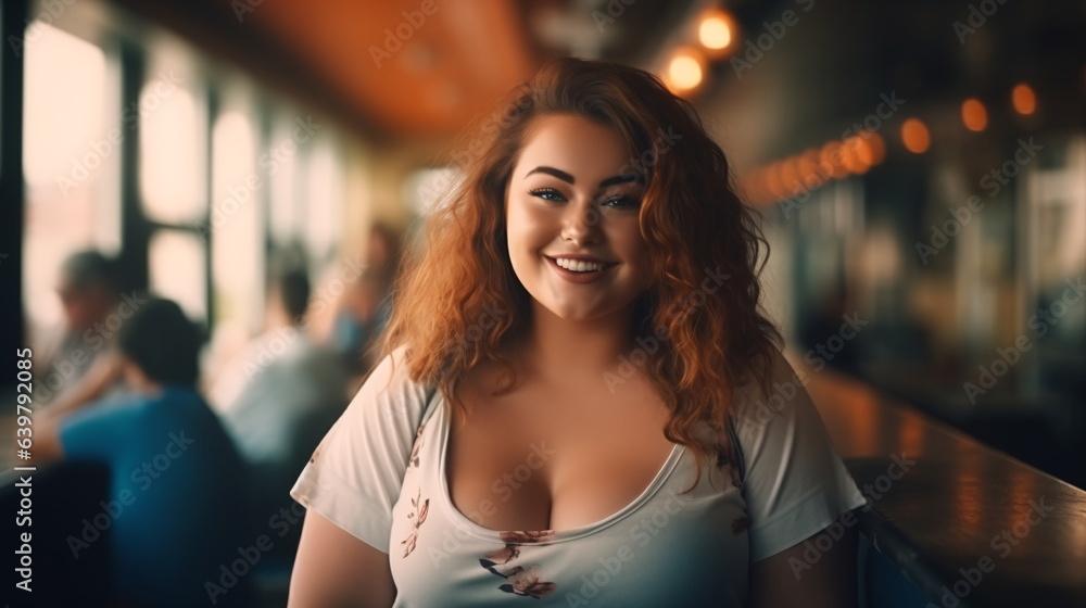 Portrait of a beautiful chubby young woman drinking a cup of coffee in a cafe or canteen. A plus-size young plump lady with an curly hairstyle is stylishly dressed sitting in a cafe. Generative ai - obrazy, fototapety, plakaty 