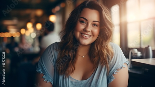 Portrait of a beautiful chubby young woman drinking a cup of coffee in a cafe or canteen. A plus-size young plump lady with an curly hairstyle is stylishly dressed sitting in a cafe. Generative ai photo