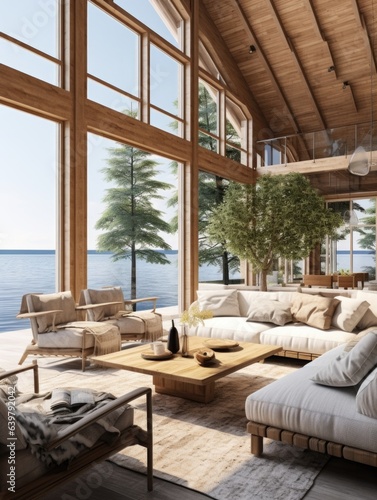 Coastal interior design of modern spacious living room. Wooden rustic furniture and panoramic windows in villa on seaside