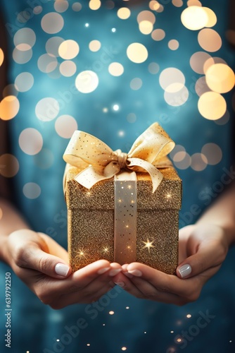 Female hands with present box holiday background blur bokeh background © JetHuynh