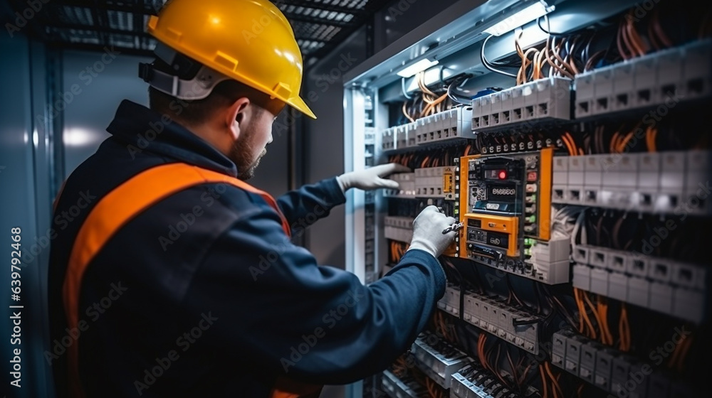 electrician at the factory installs new equipment in the main distribution board of cables, legal AI - obrazy, fototapety, plakaty 