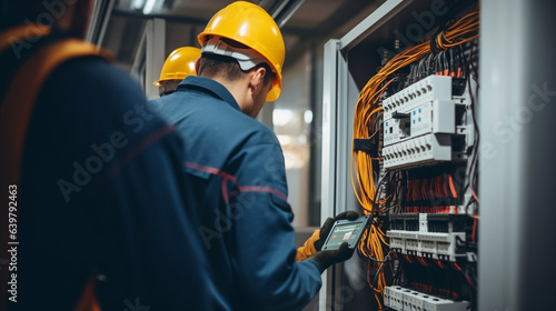 group of electricians checking equipment in a factory, legal AI