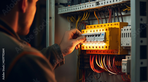 electrical engineer checks the condition of the equipment in the main switchboard of cable processing, legal AI