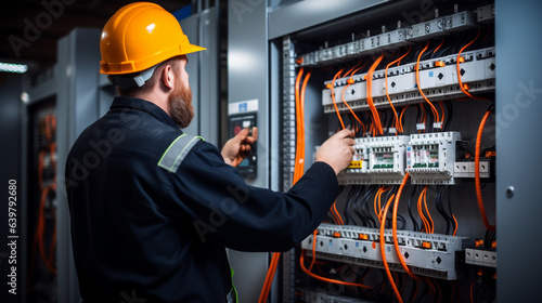 electrical engineer checks the voltage of the electric current at the terminal and the switch in the main distribution board of the cable wiring, legal AI