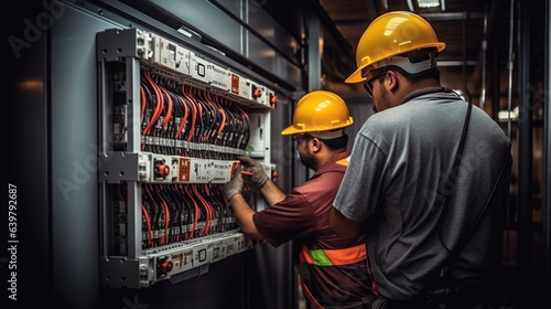 two working electricians check the operation of the equipment in the distribution board of cable wiring, legal AI