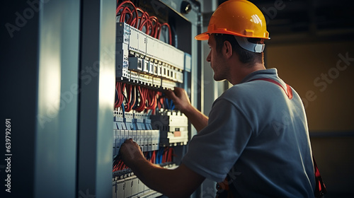 a qualified electrician checks the operation of the cable wiring switchboard, legal AI