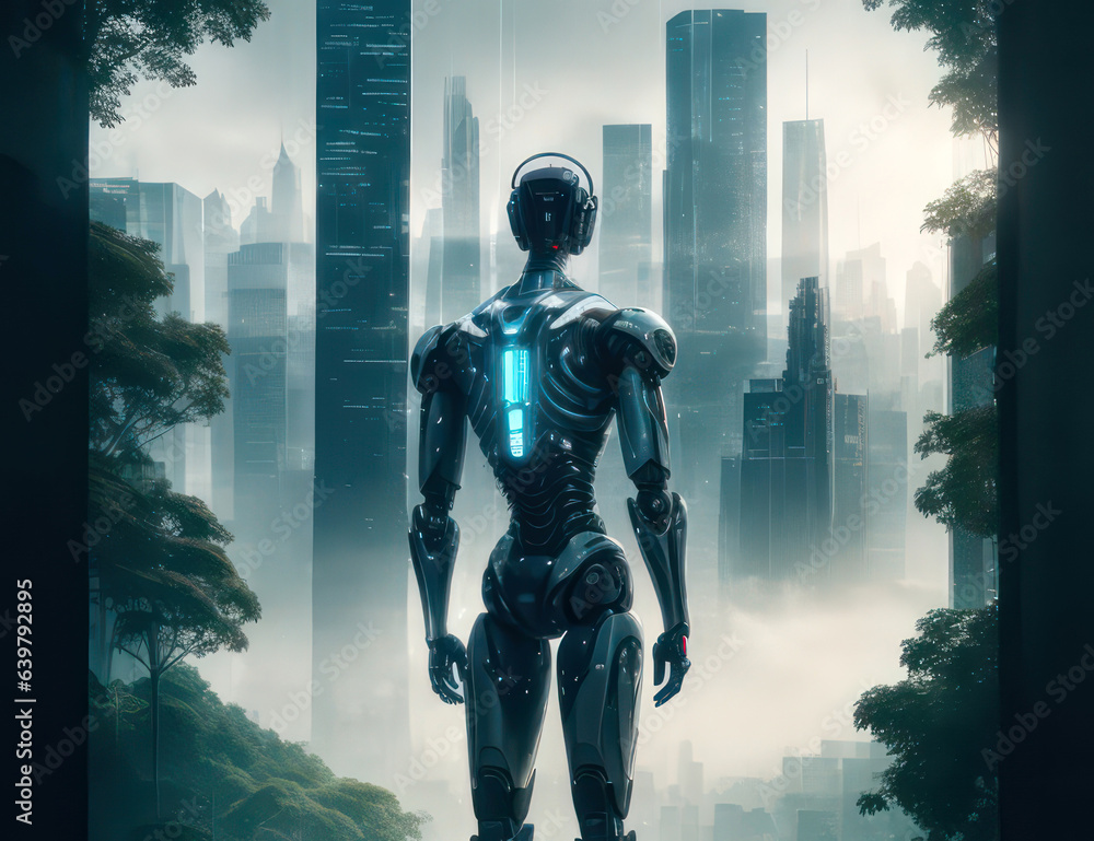Fototapeta premium Illustration The back of a smart AI robot stands in the middle of a forest and a big city.Generative AI