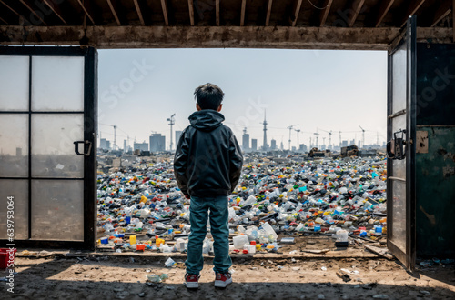 Environmental Reflection: Boy Staring at Landfill, Awaiting Solutions