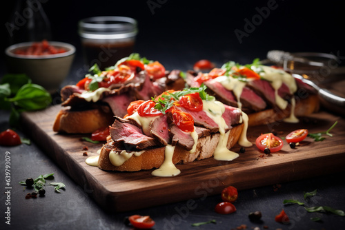 Bruschetta with cheese sauce and roast beef on a neutral background