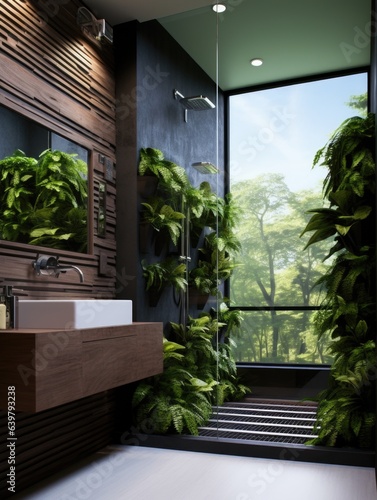 Eco interior design of modern bathroom with a lot of greenery