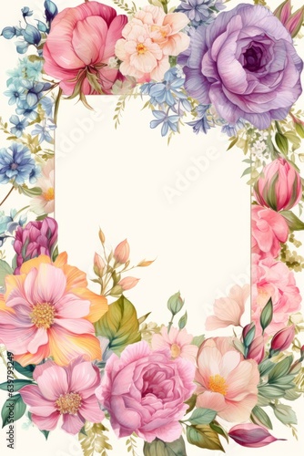Post card with beautiful flower framework. Copy space got text and greetings in the center. Mock up