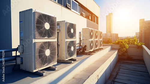 An outdoor air conditioner compressor group is installed on the roof of a high-rise building. device for office and home, legal AI © PETR BABKIN