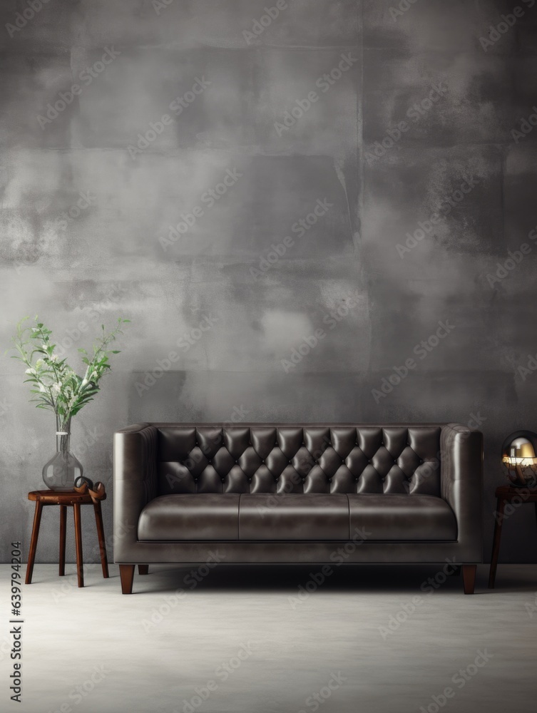 Fototapeta premium Gray leather tufted sofa against concrete tile wall. Luxury interior design of modern living room.