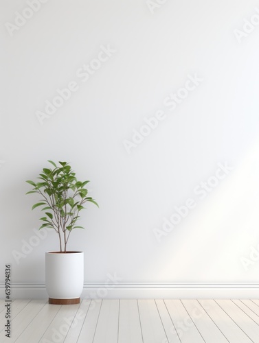 Interior background of empty room with white wall and and potted plant rendering