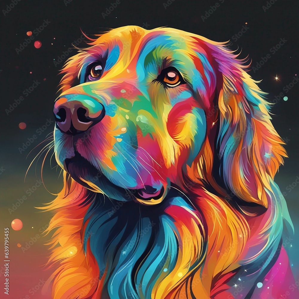 Vibrant Canine Beauty: A Colorful Dog Portrait with a Captivating Gaze against a Stylish Black Background