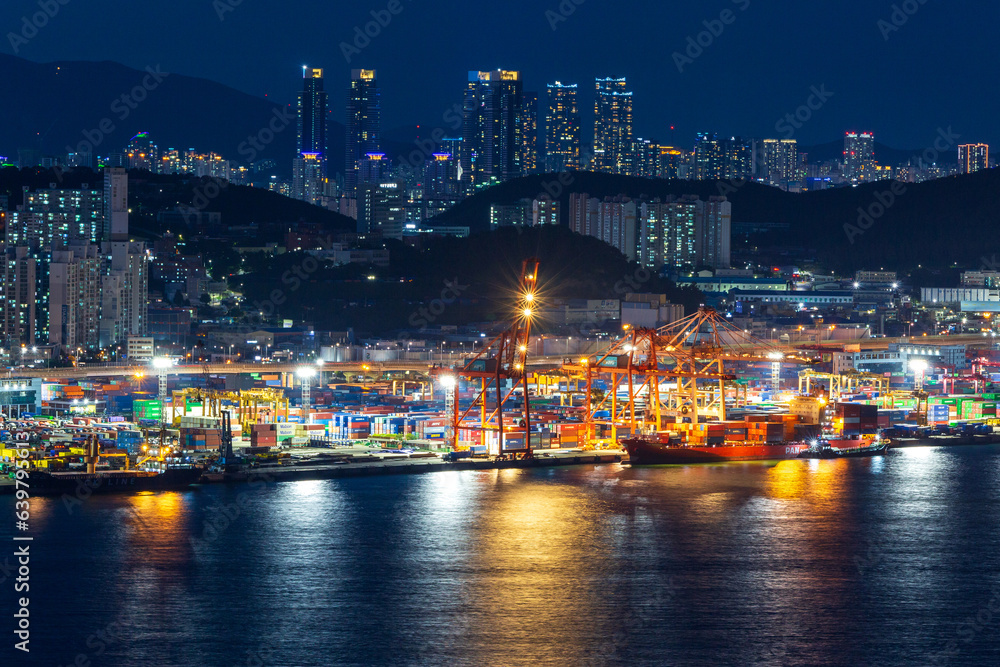 The night view of Busan Port from the Dong-gu Library Observatory in Busan, Korea.