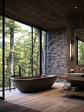 Interior design of modern bathroom in farmhouse with forest view