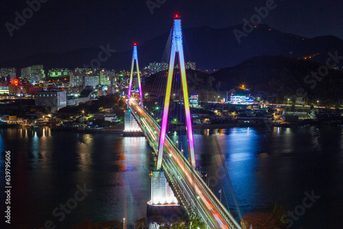 Night view of Yeosu Port and Dolsan Bridge from Dolsan Park in Yeosu, South Jeolla Province. photo