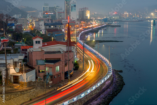 The night view of the Tongyeong Canal from Chungmu bridge in Tongyeong, Gyeongsangnam-do, Korea.