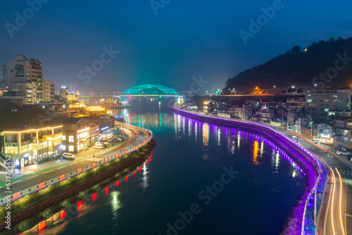 The night view of the Tongyeong Canal from Chungmu bridge in Tongyeong, Gyeongsangnam-do, Korea.