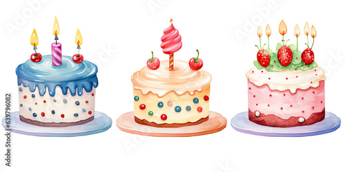 Watercolor hand drawn illustration with set of cute colorful cakes on transarent background