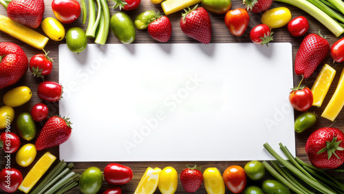 Blank board background surrounded by fresh vegetables and fruits for input text