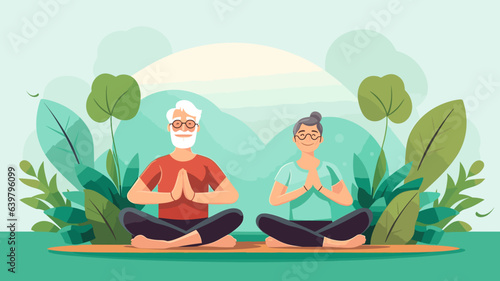copy space, vector illustration, flat 2D illustration, elderly people doing yoga, eldery people sitting down on the Floor, yoga session. Mental healthcare. Preventative healthcare and active lifestyle