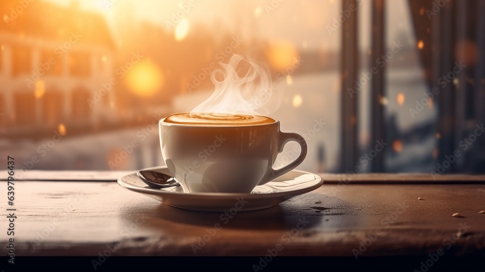 Obraz premium love for Viennese coffee, the shape of a heart in a cup of hot drink in a restaurant on a blurry background