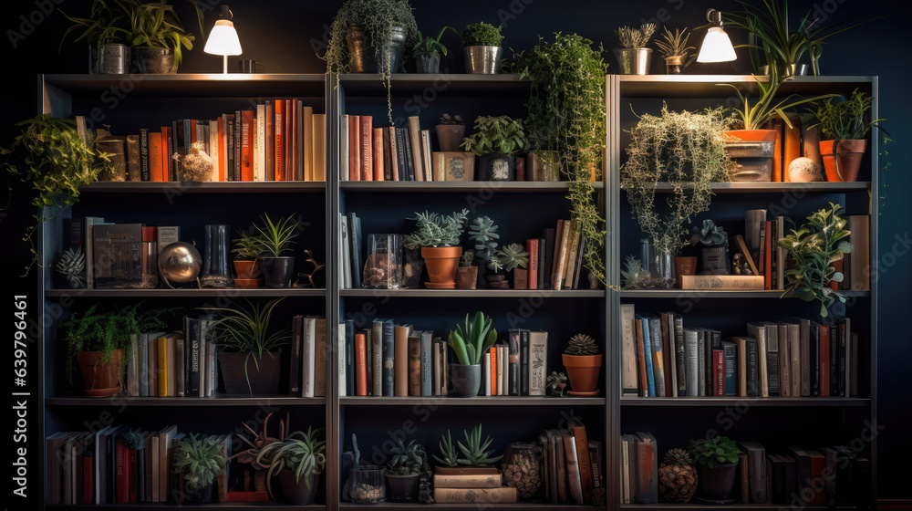 A contemporary-style bookshelf adorned with plants that serves as a modern decorative element for virtual office backdrops, studio backgrounds, or can be printed in a large format to enhance a back.
