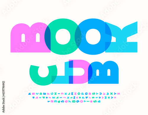 Vector colorful Emblem Book Club. Bright Rotated Font. Trendy Alphabet Letters, Numbers and Symbols