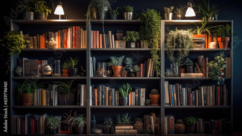 A contemporary-style bookshelf adorned with plants that serves as a modern decorative element for virtual office backdrops, studio backgrounds, or can be printed in a large format to enhance a back. © Matthew