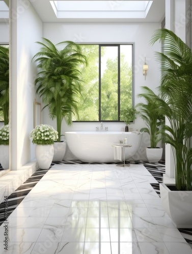 Interior design of modern white bathroom with tiled marble flooring and greenery in house in tropical forest