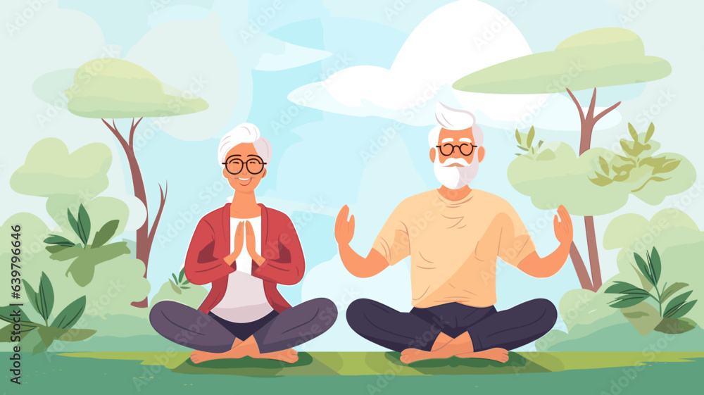 copy space, vector illustration, flat 2D illustration, elderly people doing yoga, eldery people sitting down on the Floor, yoga session. Mental healthcare. Preventative healthcare and active lifestyle