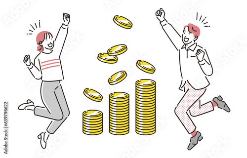笑顔でジャンプする男女とお金のイメージ