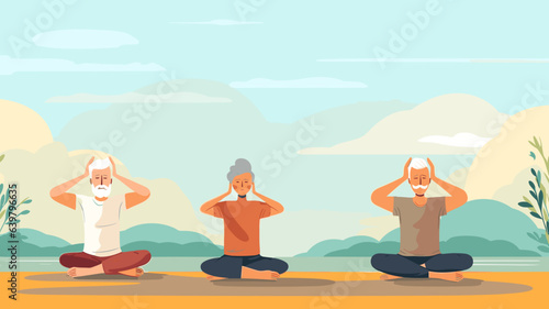 copy space, vector illustration, flat 2D illustration, elderly people doing yoga, eldery people sitting down on the Floor, yoga session. Mental healthcare. Preventative healthcare and active lifestyle