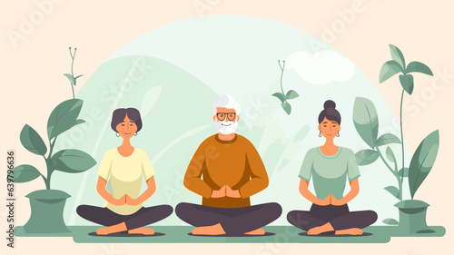 copy space, vector illustration, flat 2D illustration, elderly people doing yoga, eldery people sitting down on the Floor, yoga session. Mental healthcare. Preventative healthcare and active lifestyle