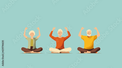 copy space, vector illustration, flat 2D illustration, elderly people doing yoga, eldery people sitting down on the Floor, yoga session. Mental healthcare. Preventative healthcare and active lifestyle