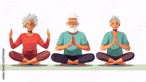 copy space, vector illustration, flat 2D illustration, elderly people doing yoga, eldery people sitting down on the Floor, yoga session. Mental healthcare. Preventative healthcare and active lifestyle