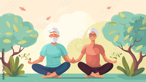 copy space, vector illustration, flat 2D illustration, elderly people doing yoga, eldery people sitting down on the Floor, yoga session. Mental healthcare. Preventative healthcare and active lifestyle