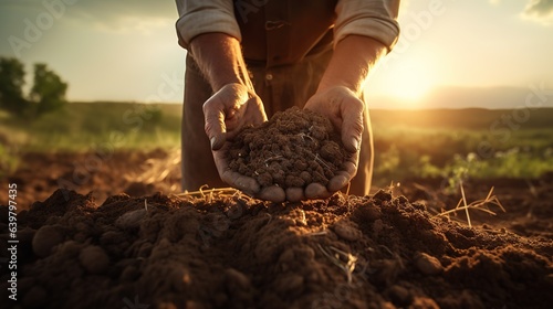 Agriculture. Soil in the hands of farmers. The land closes the hands of the peat mud farmer. garden nature fertile soil ecology photo