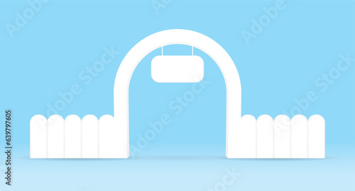 cute minimal white archway with hanging sign and fence 3d illustration vector
